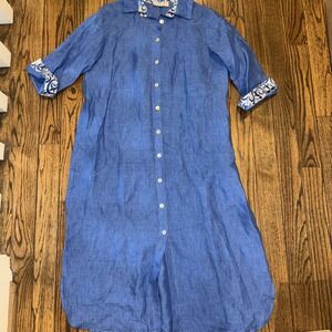 Mogador Anacapri Women's Royal Blue Linen Maxi‎ Shirt Dress M 3/4 Sleeves Button